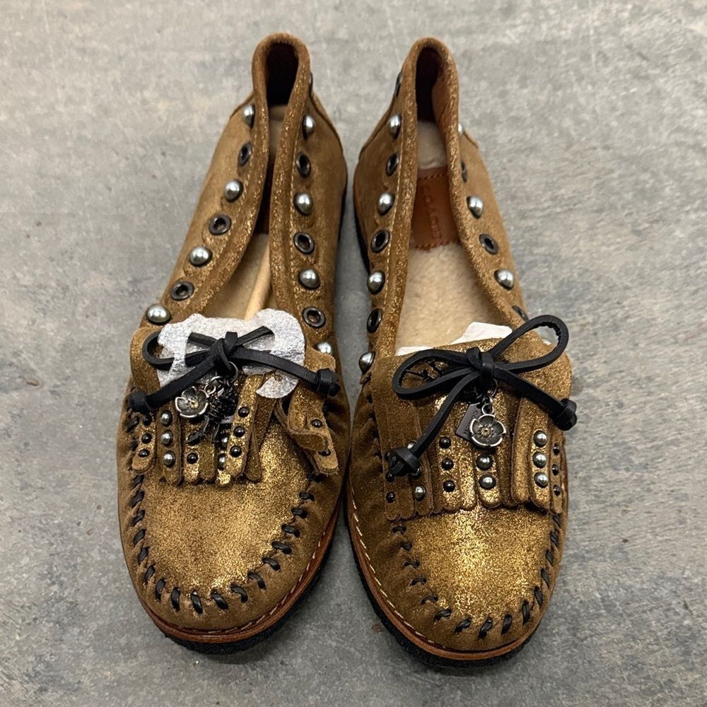 Coach Gold and Black Studded Moccasins